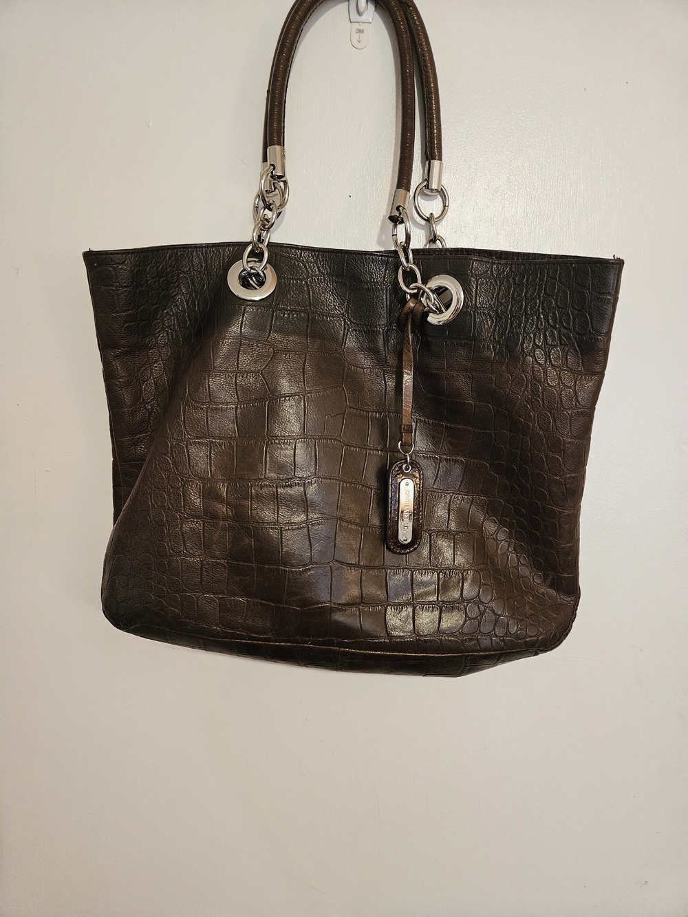Cynthia Rowley Dark Brown Croc-Embossed Leather Tote with Silver Hardware